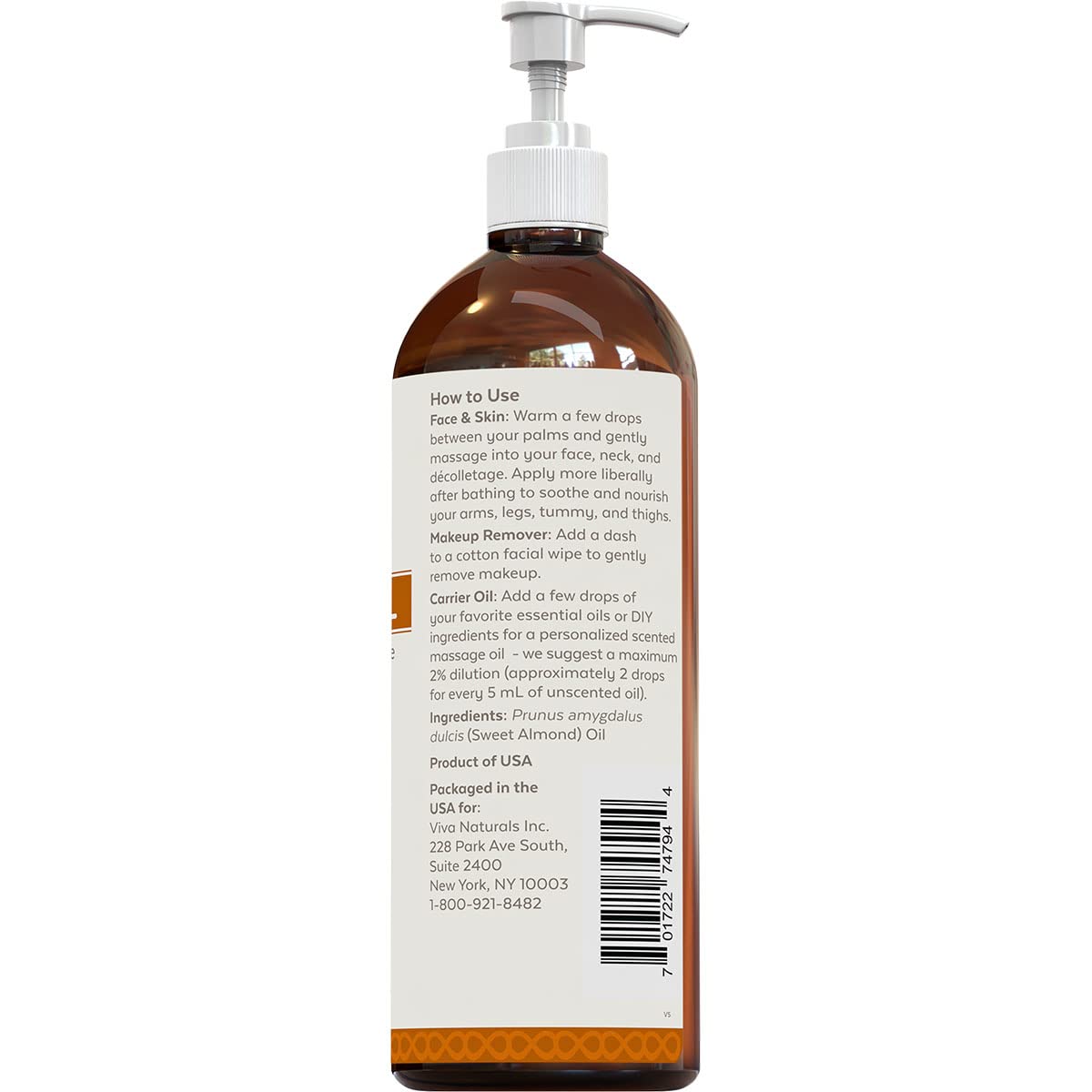 Viva Naturals Sweet Almond Oil - 100% Pure Hair and Skin Softener, Non-Greasy for Massage, Carrier Oil for Essential Oils and DIY Beauty Blends, Expeller-Pressed Almond Oil for Body, Non-GMO, 16 fl oz