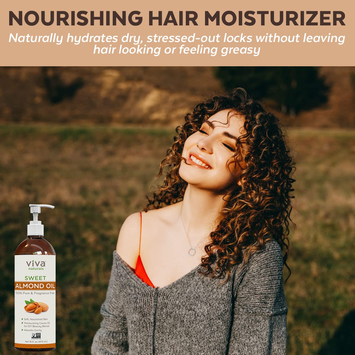 Viva Naturals Sweet Almond Oil - 100% Pure Hair and Skin Softener, Non-Greasy for Massage, Carrier Oil for Essential Oils and DIY Beauty Blends, Expeller-Pressed Almond Oil for Body, Non-GMO, 16 fl oz