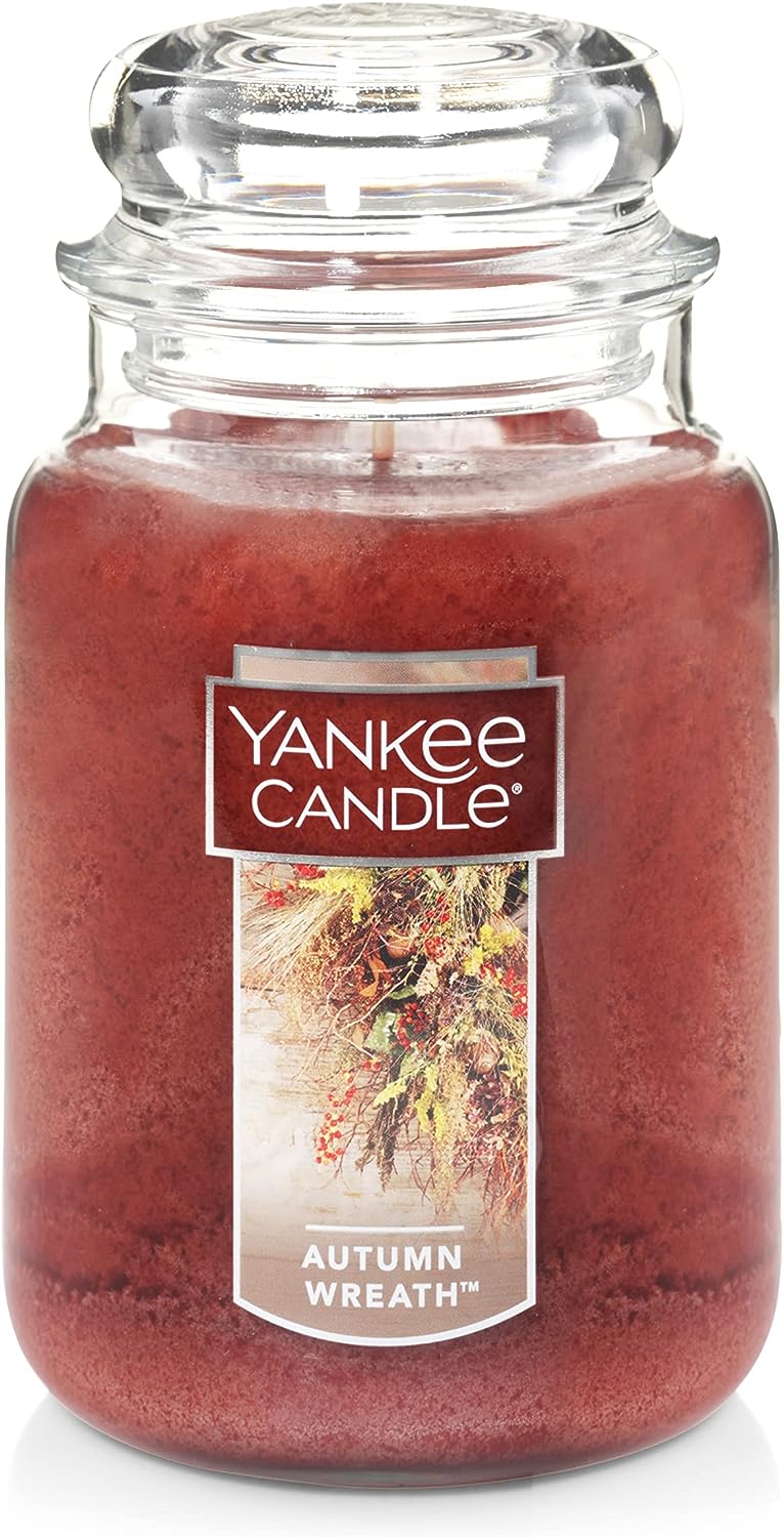 Yankee Candle Autumn Wreath Scented, Classic 22oz Large Jar Single Wick Aromatherapy Candle, Over 110 Hours of Burn Time, Apothecary Jar Fall Candle, Autumn Candle Scented for Home
