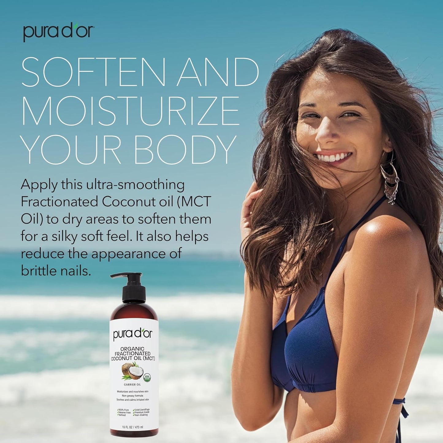 PURA D'OR 16 Oz Organic Fractionated Coconut Oil - 100% Pure & Natural USDA Certified Cold Pressed Carrier Oil, Scent-Free - Aciete De Coco Liquid Moisturizer For Face Skin & Hair, Men & Women